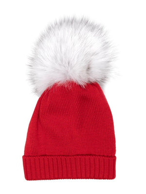 Colorichiari red baby girl pompom hat with pleated brim