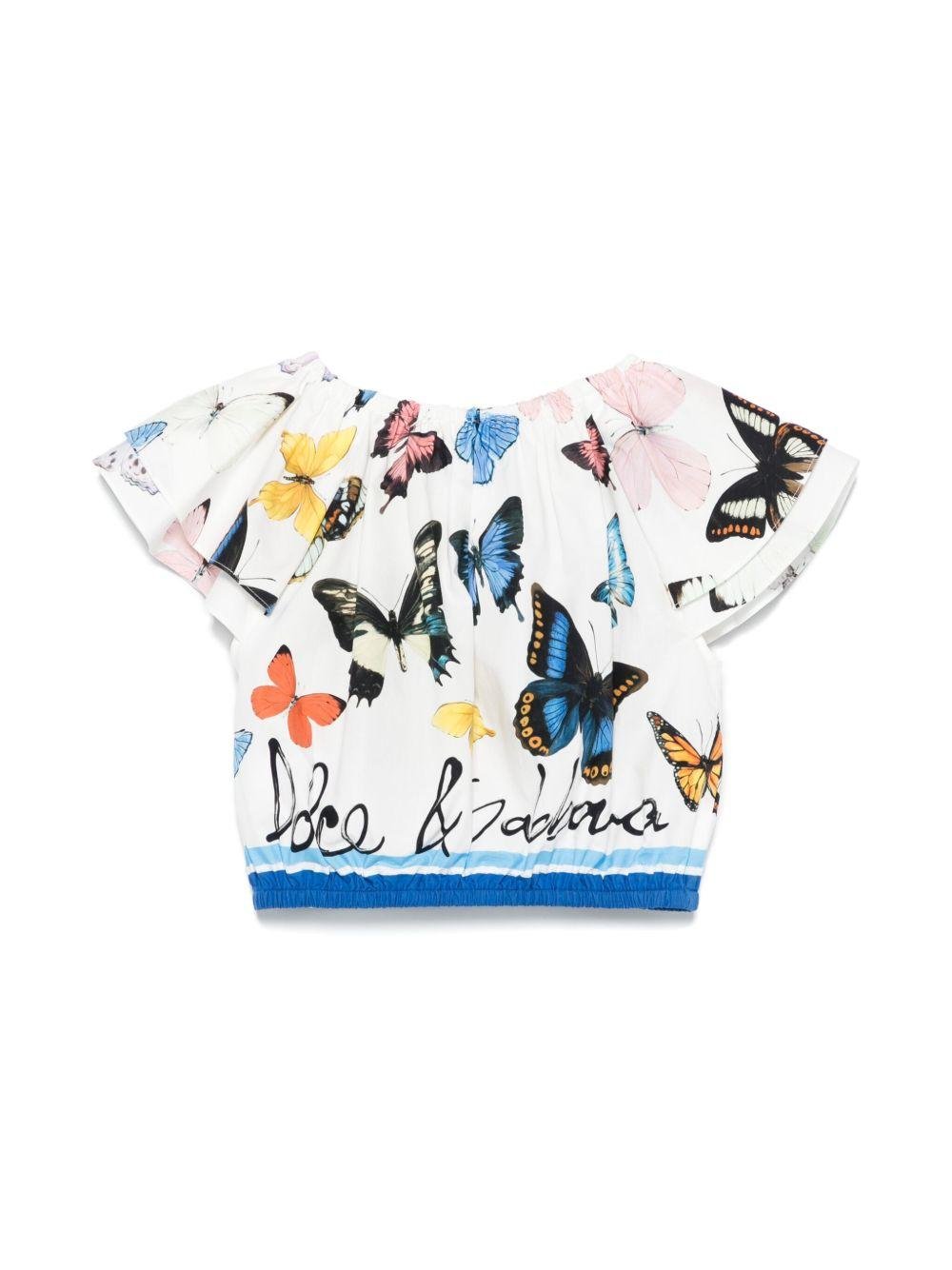 Camicetta in popeline con stampa a farfalla per bambina Dolce & Gabbana Kids bianco con spalle scoperte - Rubino Kids