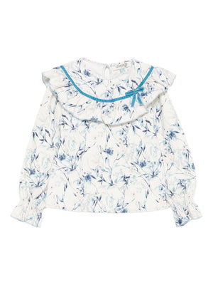 Camicia per bambina A'lapage bianca con decorazioni floreali azzurre