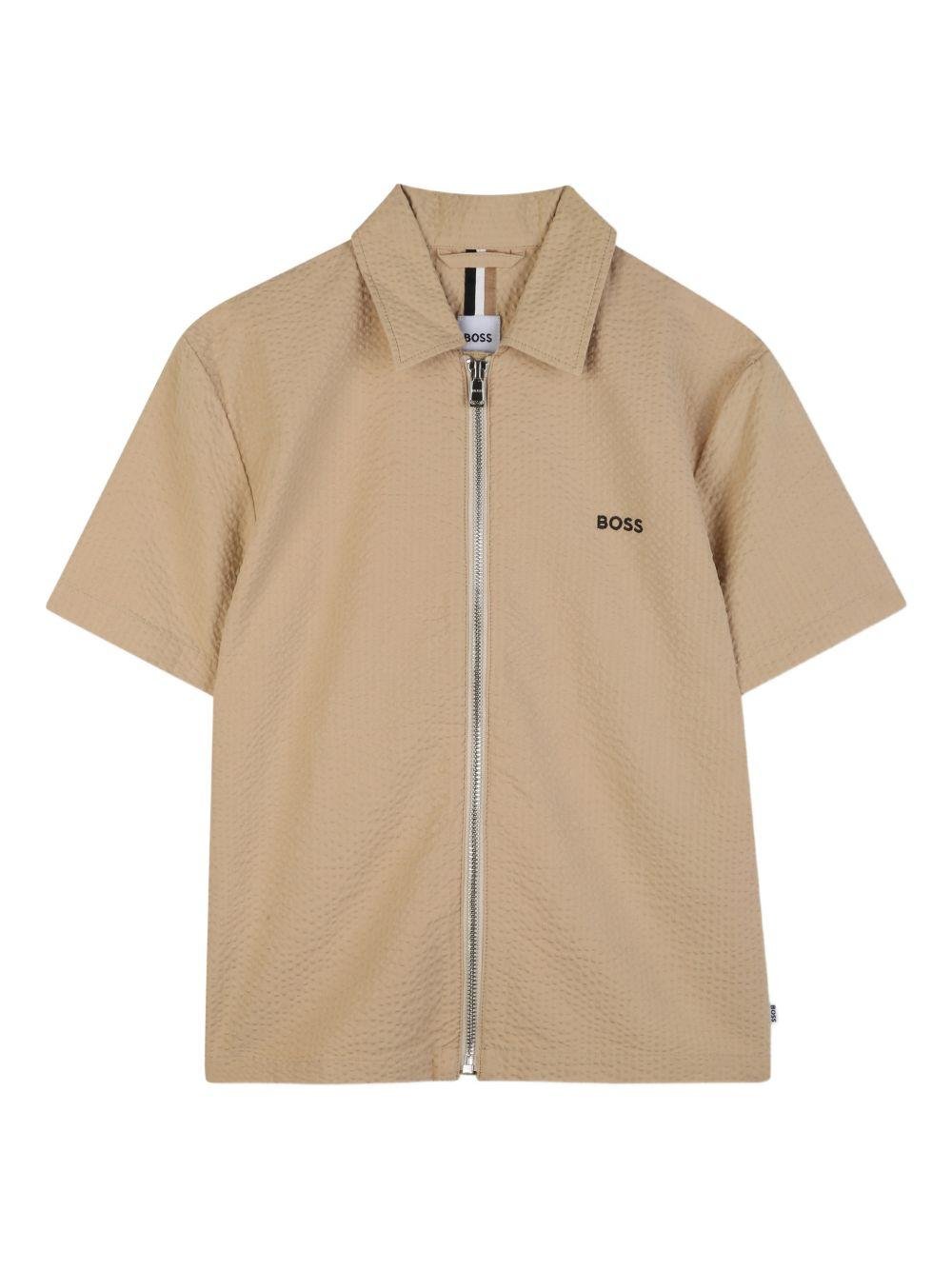 Camicia per bambino Boss Kids beige a maniche corte con zip - Rubino Kids