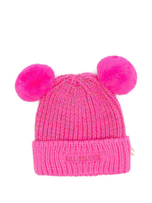 Cappello a coste per bambina Billieblush fucsia con pompon in pelliccia