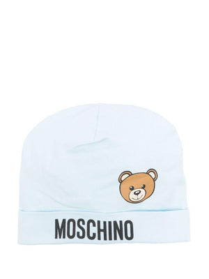 Cappello per neonato Moschino Kids azzurro con stampa logo e Teddy Bear