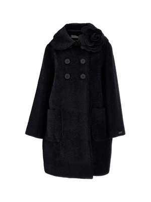 Monnalisa black double-breasted coat for girls with flower decoration