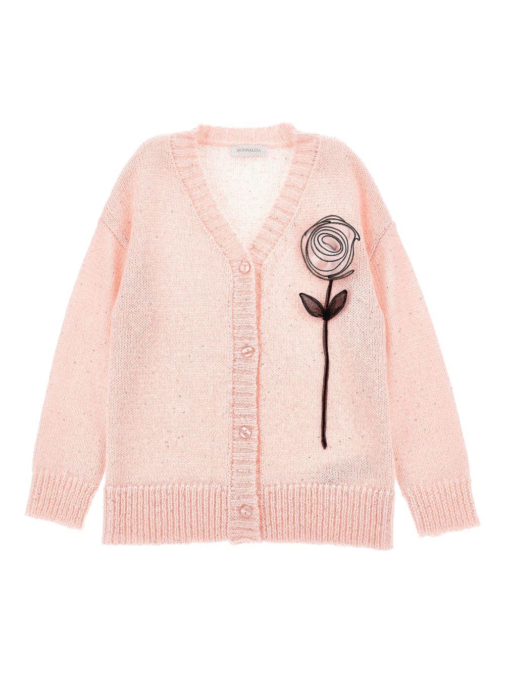Cardigan per bambina Monnalisa rosa con scollo a V e applicazione rose - Rubino Kids