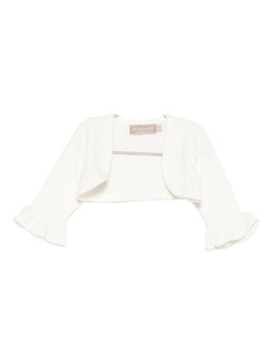 La Stupenderia white cardigan for newborns with ruffled details