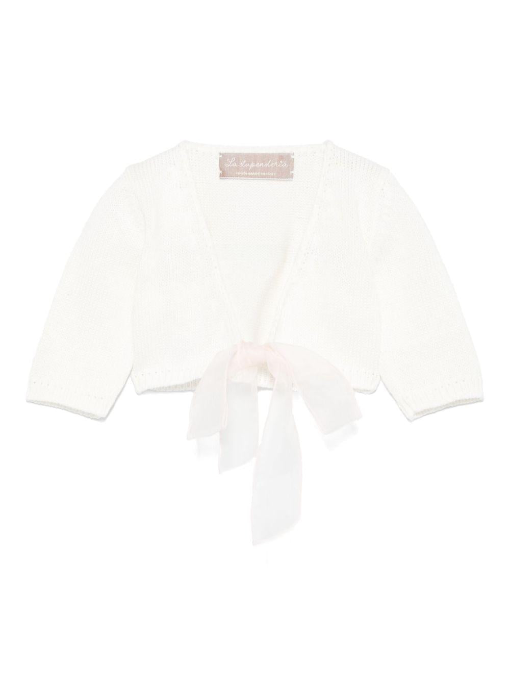 Cardigan per neonata La Stupenderia bianco in cotone con orlo e polsini a coste - Rubino Kids