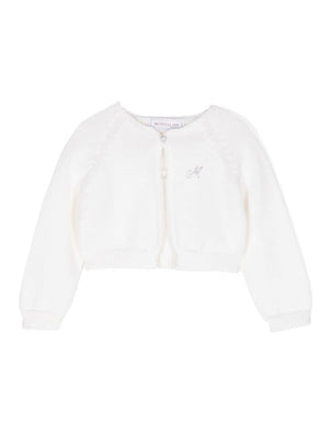 Cardigan per neonata Monnalisa bianco con applicazione con logo di strass