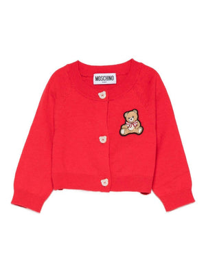 Moschino Kids red cardigan for baby girls with Teddy Bear applique