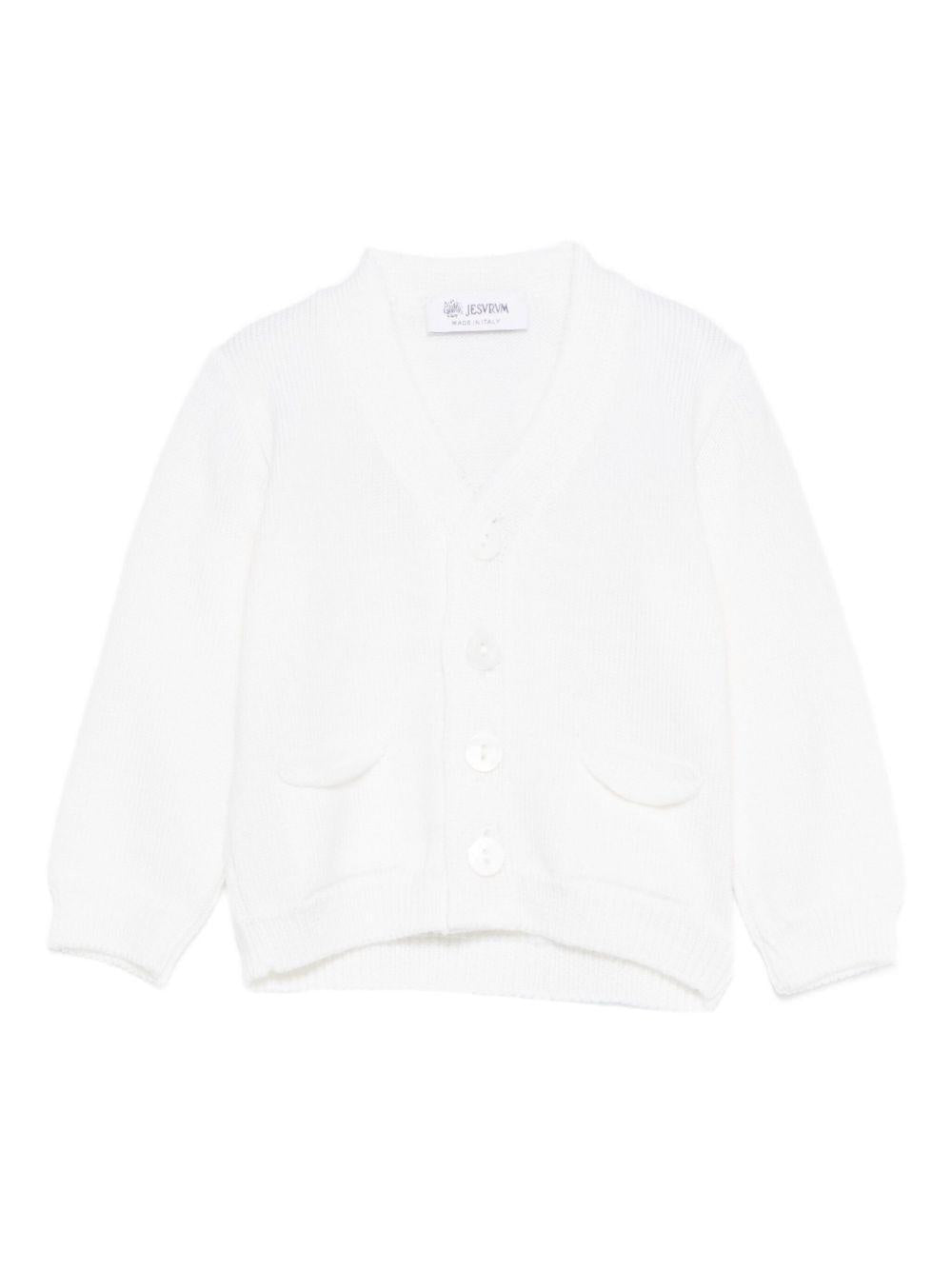 Cardigan per neonato Jesurum Baby bianco con due tasche applicate sul davanti - Rubino Kids