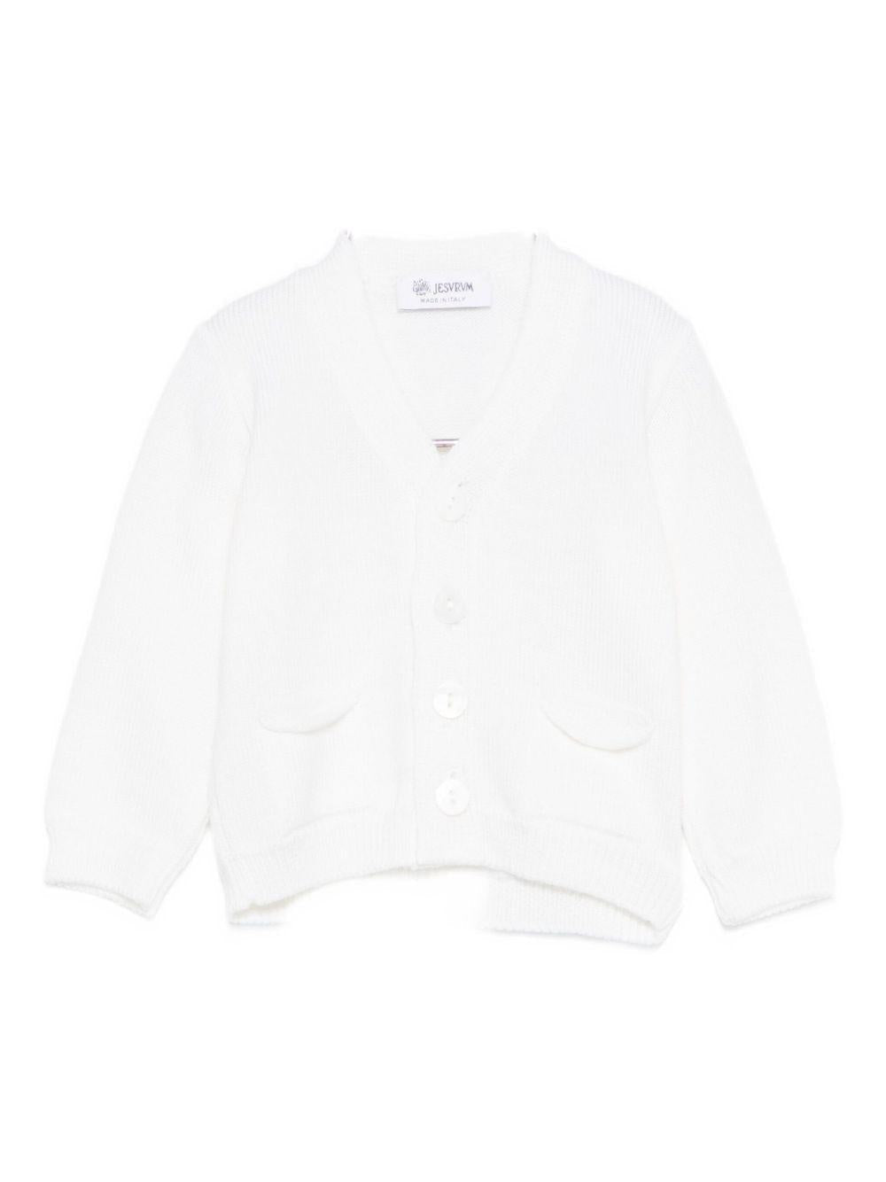 Cardigan per neonato Jesurum Baby bianco con due tasche applicate sul davanti - Rubino Kids