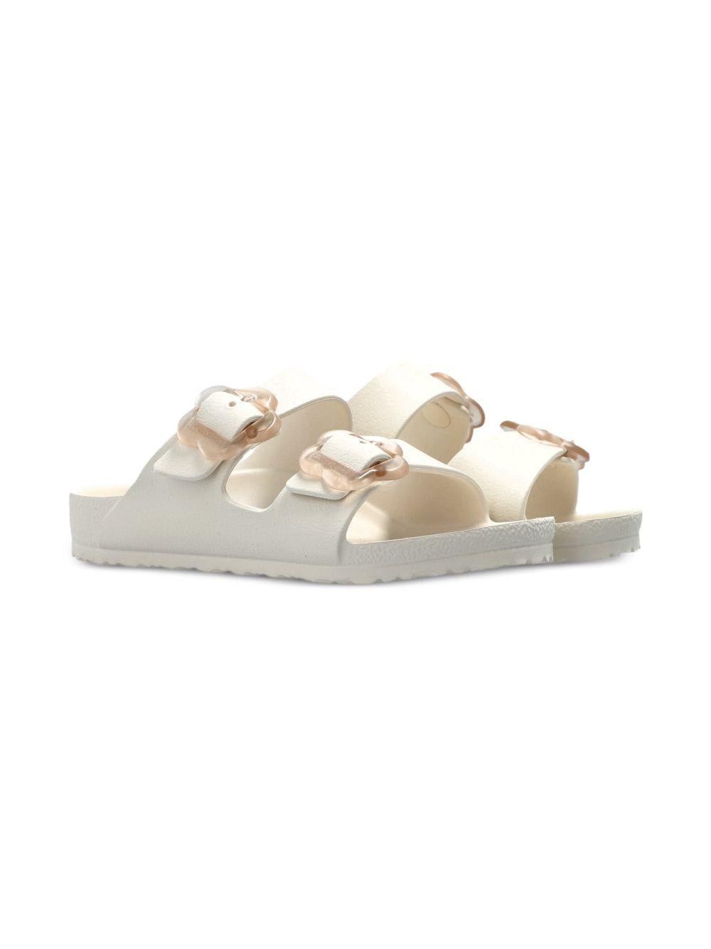Ciabatte Arizona per bambina Birkenstock Kids bianche con con fibbia a forma di fiore - Rubino Kids