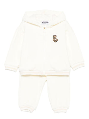 Moschino Kids white sweatshirt and trousers set for newborns with teddy bear embroidery