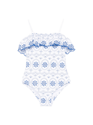 Costume da bagno intero per bambina MC2 Saint Barth Kids bianco ricamato con volant