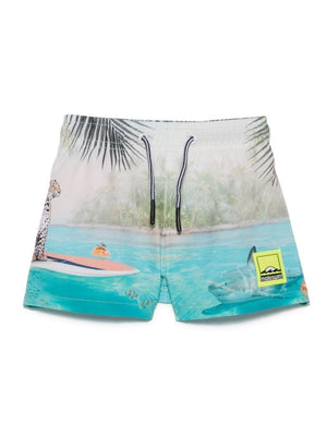 Molo Niko beige baby swimsuit with beach print