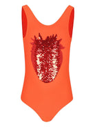 Costume intero per bambina Molo arancione con paillettes e apertura sul retro - Rubino Kids
