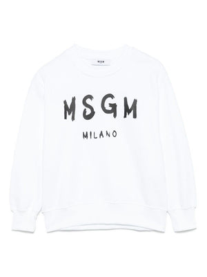 MSGM Kids white sweatshirt with logo print for boys with ribbed hem