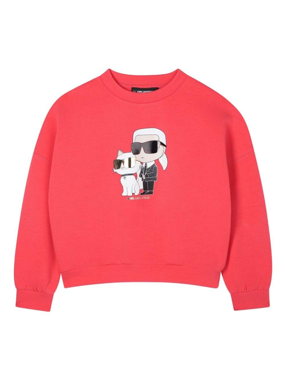 Felpa per bambina Karl Lagerfeld Kids Hero Ikon Karl & Choupette rosso con dettaglio logo sul retro - Rubino Kids