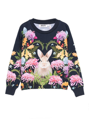 Molo blue sweatshirt for girls with floral and rabbit print