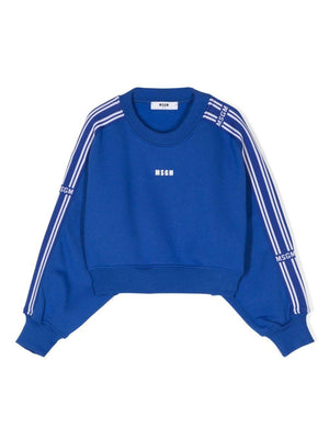 MSGM Kids blue sweatshirt for girls with logo ribbon on the sleeves