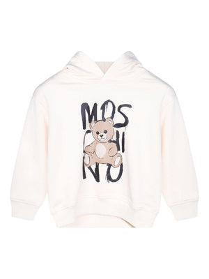 Felpa per bambini Moschino Kids bianco con stampa Teddy e cappuccio