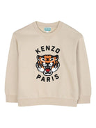 Felpa per bambino Kenzo Kids beige girocollo con ricamo Tiger - Rubino Kids