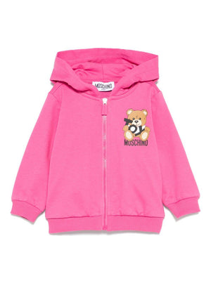 Moschino Kids fuchsia Teddy Bear hoodie for baby girls with two side pockets