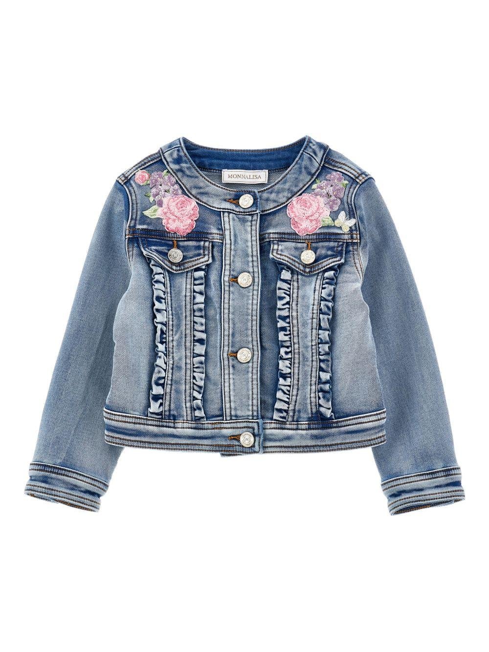 Giacca per bambina Monnalisa in denim con ricamo a fiori - Rubino Kids
