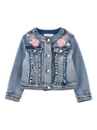 Giacca per bambina Monnalisa in denim con ricamo a fiori - Rubino Kids