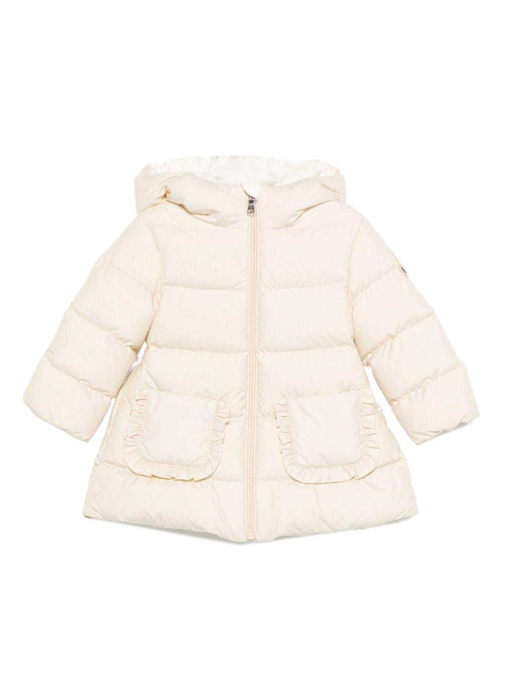Giubbino per neonata Moncler Enfant beige con ruches sulle tasche - Rubino Kids