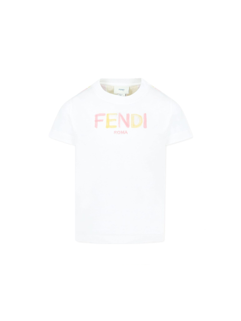 T-shirt per bambina Fendi Kids bianco con logo sul davanti e righe verticali sul retro JUI182 AS67 F1R0X FENDI KIDS 