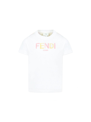 Fendi Kids white T-shirt for girls with logo on the front and vertical stripes on the back