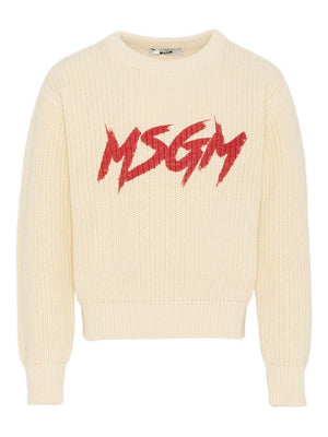 MSGM Kids white sweater for boys with contrasting logo on the front