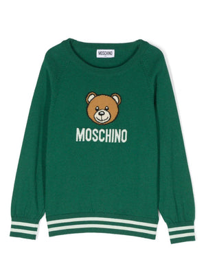 Moschino Kids green sweater for girls with inlaid logo and Teddy Bear embroidery