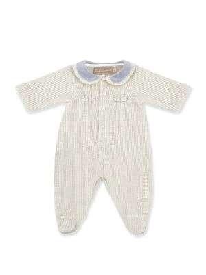La Stupenderia white baby romper with blue embroidered collar