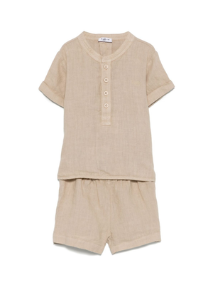 The Owl beige linen baby shorts set