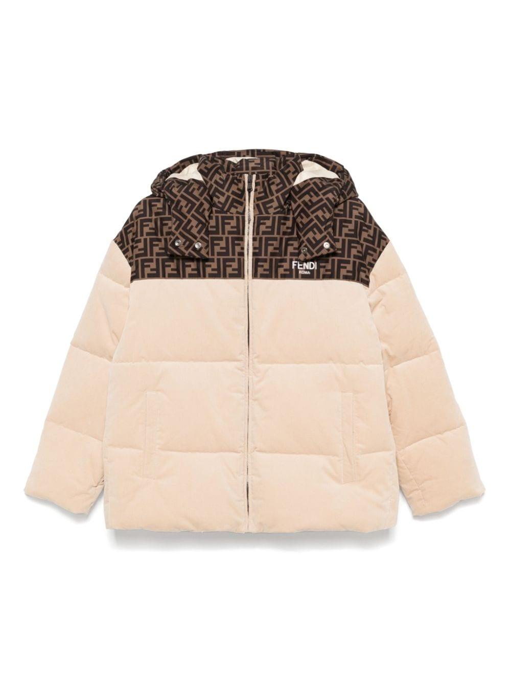 Giubbino per bambina Fendi Kids beige con cappuccio con logo monogramma FF JUA227 AS5B F1P2P FENDI KIDS 