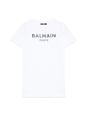 Balmain Kids white crew neck dress with embossed logo for girls
