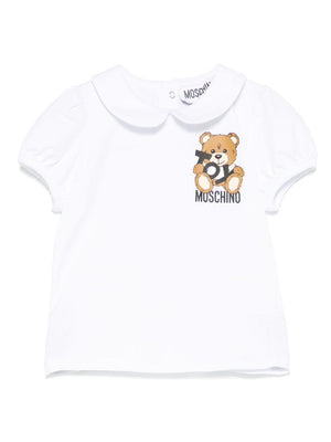 Moschino Kids white Teddy Bear T-shirt for newborns with straight hem