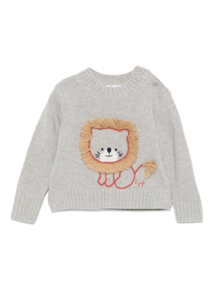 Il Gufo gray virgin wool baby sweater with lion embroidery