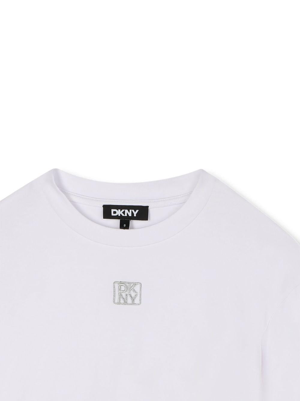 T-shirt per bambina DKNY Kids bianco con scollo a V D62411 10P DKNY 