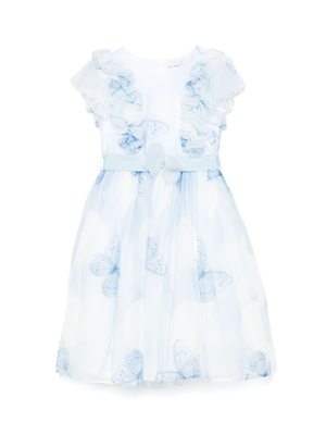 Monnalisa baby girl's light blue dress with butterfly print and ruffled details.
