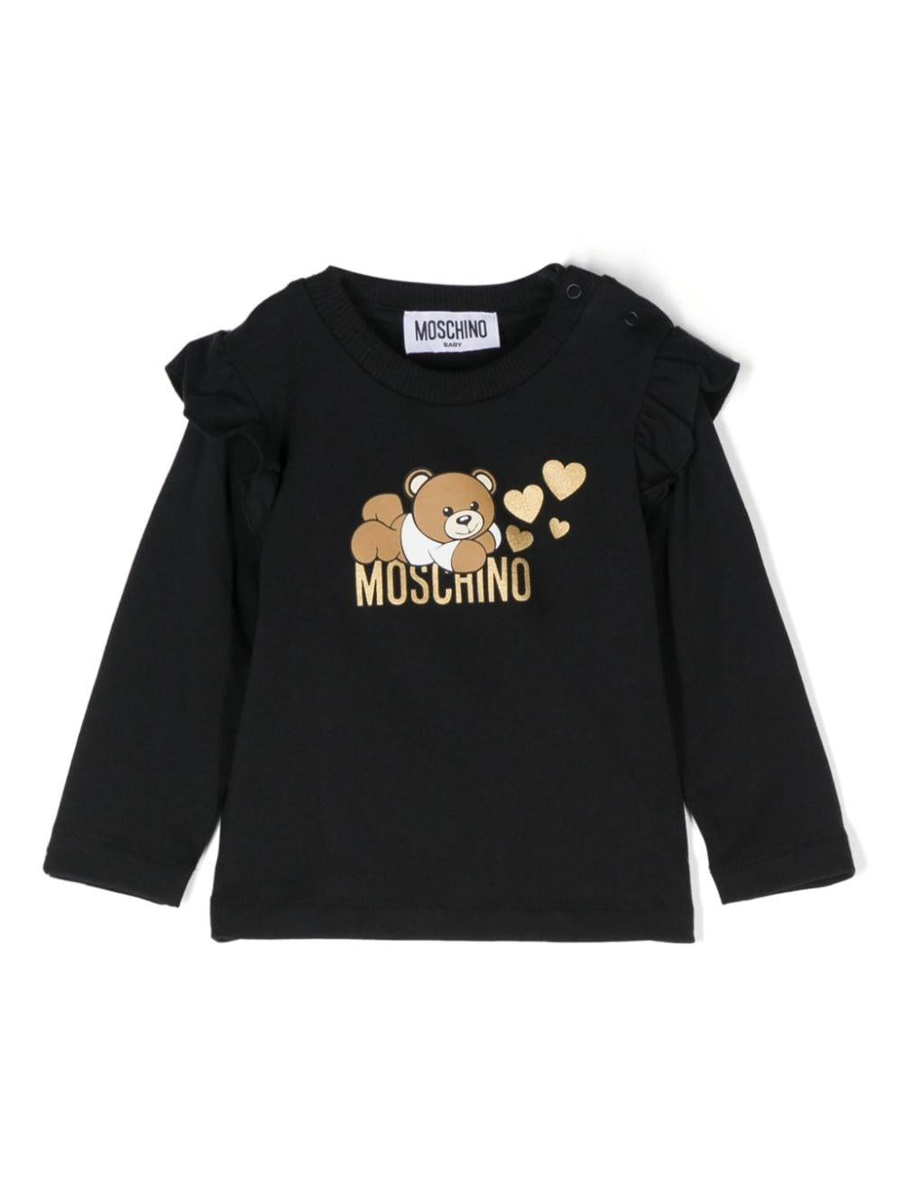 T-shirt per neonata Moschino Kids nero con stampa Teddy Bear e ruches MDO00RLBA11 60100 MOSCHINO KIDS 