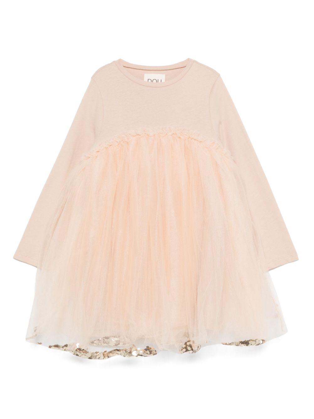 Abito per bambina Douuod Kids beige in tulle con dettagli con ruches e paillettes DV1A00 Z2454 185 DOUUOD 