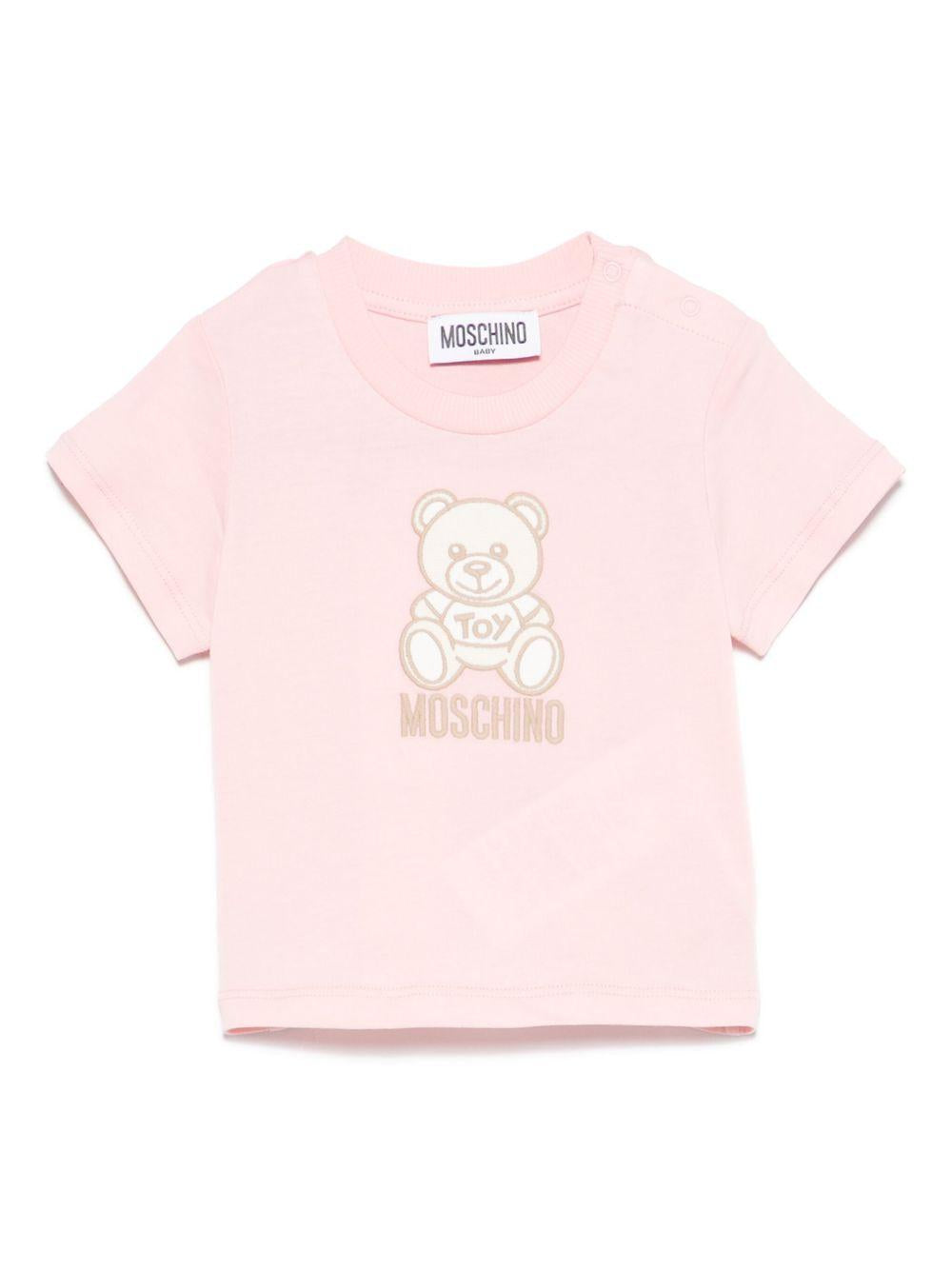 T-shirt Teddy Bear per neonata Moschino Kids rosa con ricamo frontale MPM047LAA23 50209 MOSCHINO KIDS 