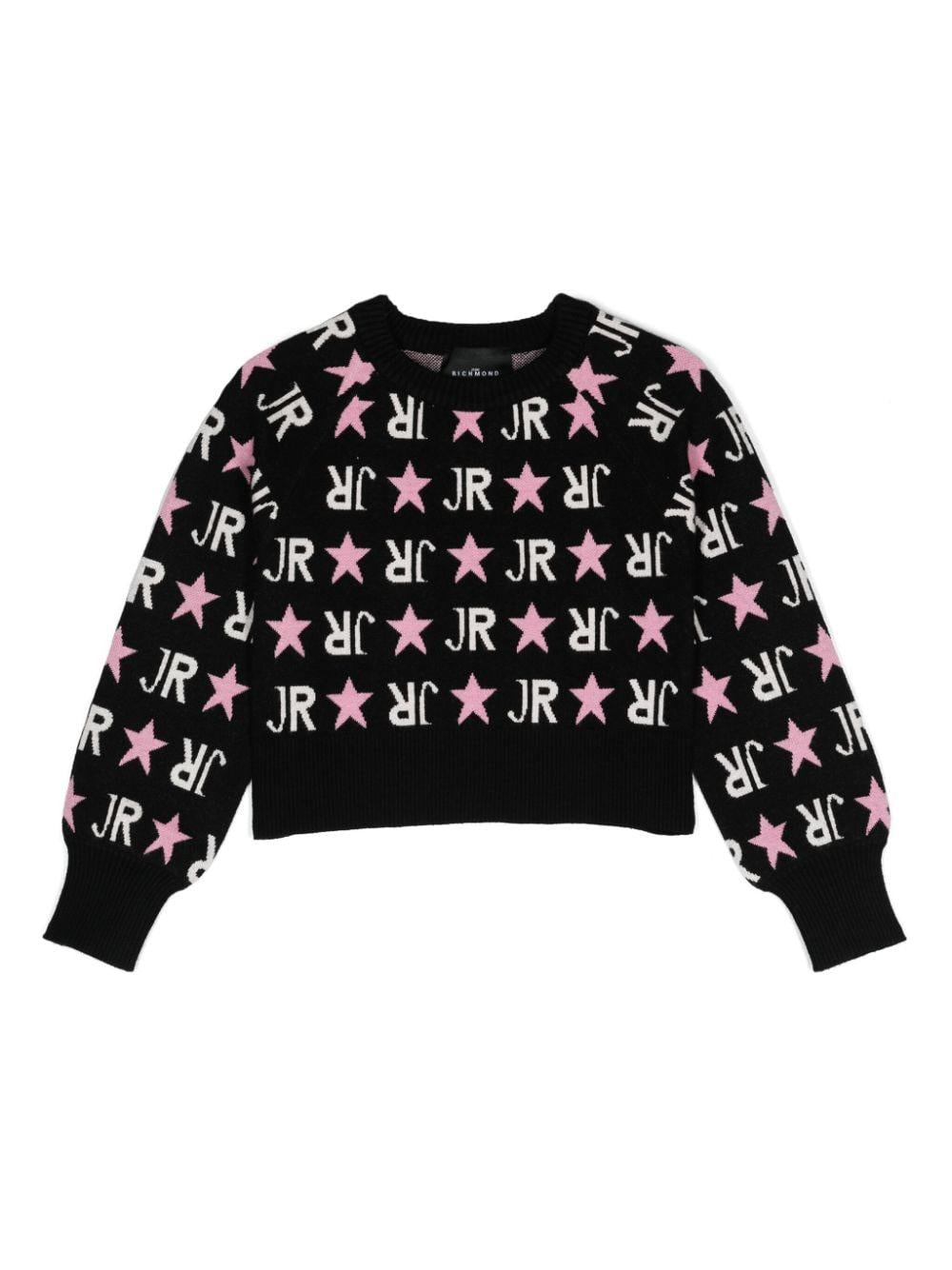 Maglione con logo a intarsi per bambina John Richmond Junior nero con girocollo RGA24003MA STAR L.BLK/O-WHT/PNK JOHN RICHMOND JUNIOR 