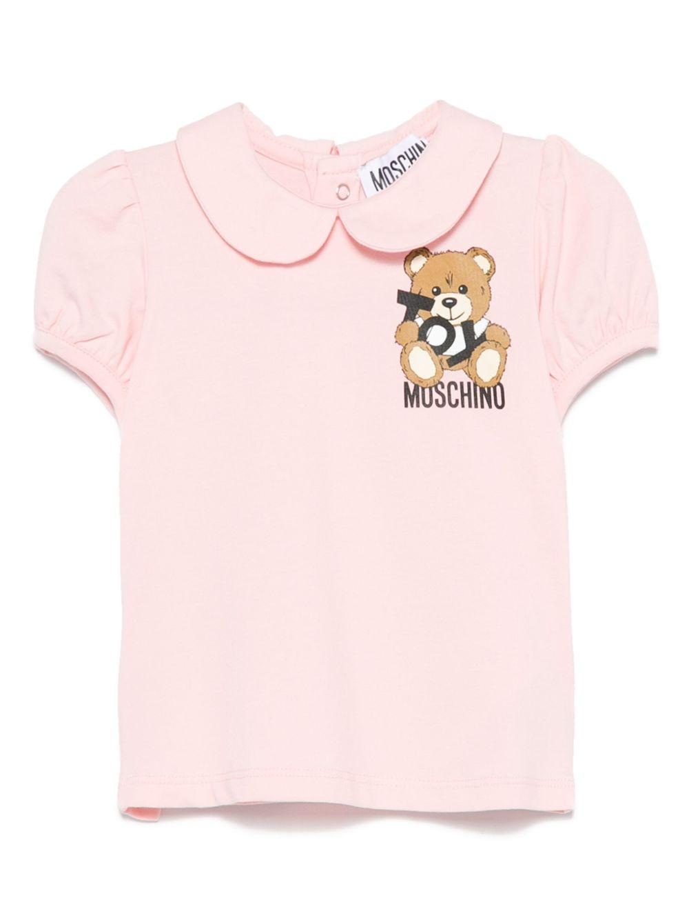 T-shirt con stampa Teddy Bear per neonata Moschino Kids rosa con colletto Peter Pan MDM03HLBA10 50209 MOSCHINO KIDS 