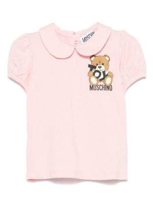 Moschino Kids pink Teddy Bear print T-shirt for baby girls with Peter Pan collar