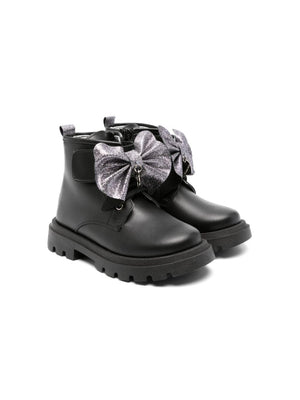 Monnalisa black leather bow boots for girls with contrasting heel