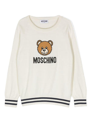 Moschino Kids white sweater for girls with inlaid logo and Teddy Bear embroidery