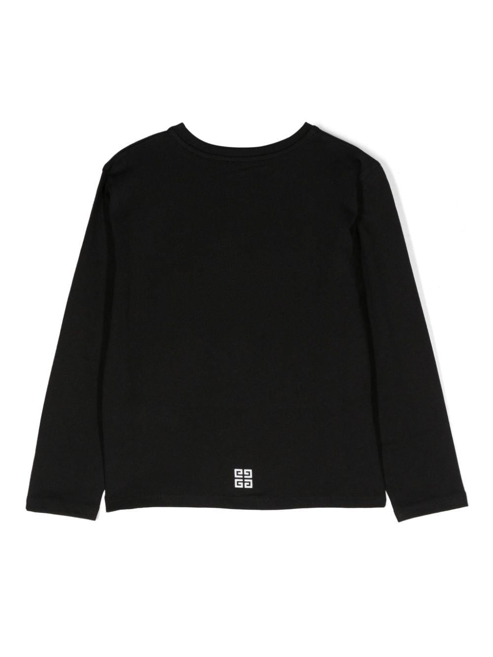 T shirt per bambina nera a maniche lunghe con logo Givenchy centrale bianco e stemma 4G posteriore H30430 09B GIVENCHY KIDS 